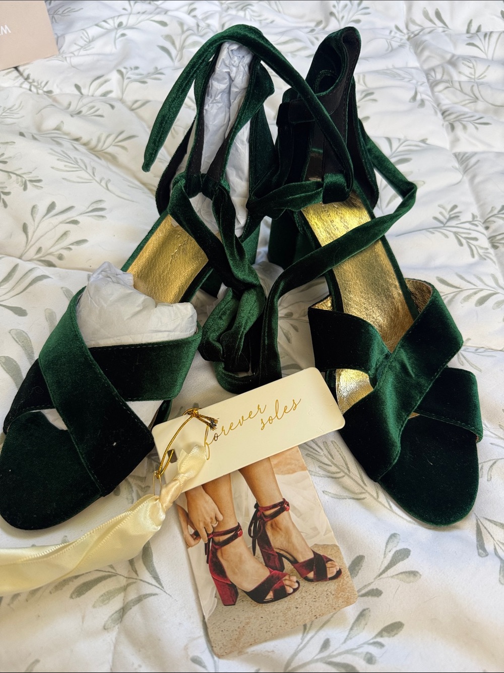 Forever 21 Emerald Green Velvet Block Heel Sandals with Ankle Wrap